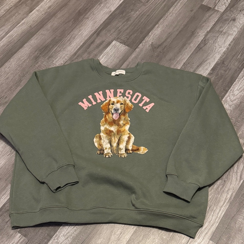 State of Mind Olive Sweatshirt with Pink Minnesota and Golden Retriever Graphic